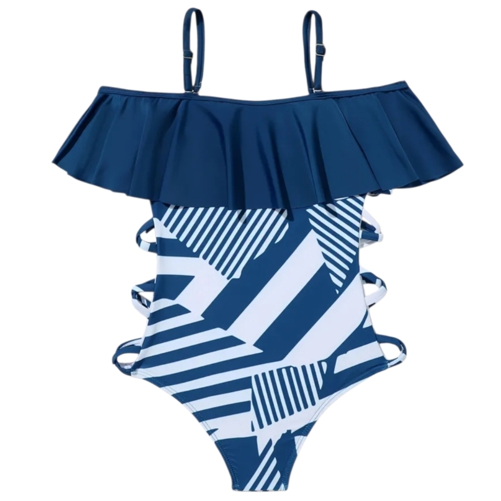 PatPat Girls 3-4Y Blue Geometric One-Shoulder Ruffle Swimsuit Cutout